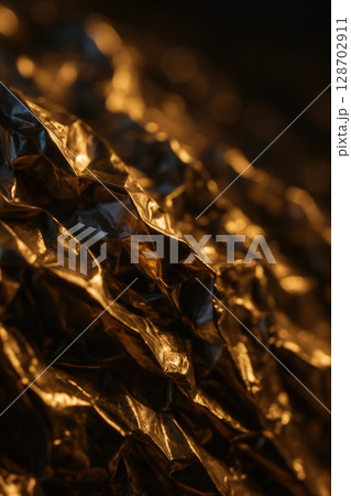 Abstract Close-Up of Gleaming Crumpled Gold Foil Highlighted by Warm Dramatic Lighting 128702911