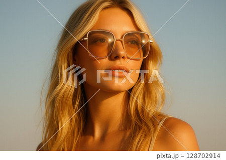 Sun-Kissed Blonde Fashionista Wearing Oversized Square Sunglasses Radiating Summer Glamour 128702914