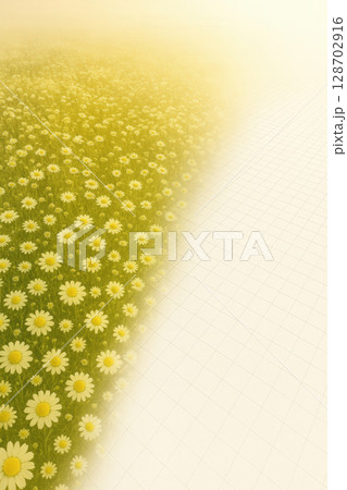 Bright Daisy Meadow Transitioning into Geometric White Grid Symbolizing Nature Technology Harmony 128702916