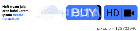 Blue cloud icon, two buttons labeled BUY and HD with a video camera icon. Ideal for e-commerce, digital content, user interfaces, web design, shopping, multimedia, technology. Landing page 128702940