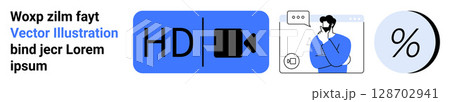 HD video icon, person thinking in chat window, percentage symbol. Ideal for web design, educational content, finance presentations, online courses, marketing materials, social media graphics, blogs 128702941