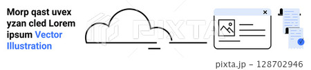 Cloud outline connecting to a file window displaying image and text documents with checkmarks and notes on the side. Ideal for tech, business, productivity, teamwork, cloud services, file sharing 128702946