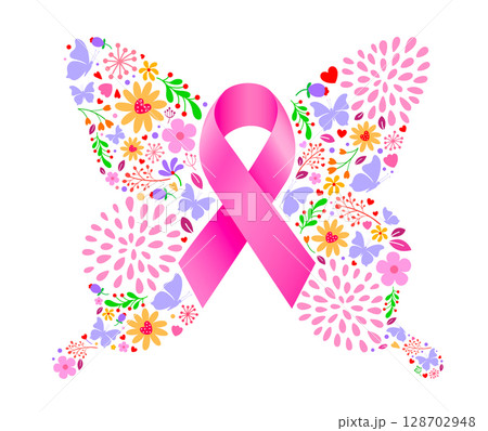 Pink ribbon with butterfly wings full of nature. Pink ribbon with butterfly wings full of nature. 128702948