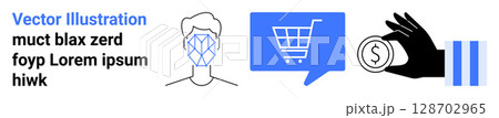 Facial recognition scan, shopping cart inside blue speech bubble, and hand holding a coin. Ideal for e-commerce, online shopping, digital transactions, technology, facial recognition, fintech 128702965