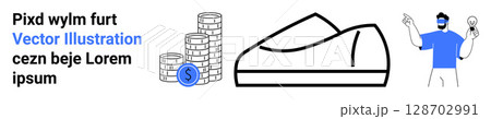 Stack of coins with a dollar sign, a casual sneaker, and a person with lightbulbs. Ideal for business, savings, success, creativity, innovation, entrepreneurship, and footwear themes. Landing page 128702991