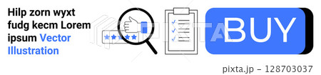 Magnifying glass over a hand giving a five-star rating, checklist with three checked boxes, and a blue BUY button. Ideal for e-commerce, online shopping, customer reviews, checklists, user interface Magnifying glass over a hand giving a five-star rating, checklist with three checked boxes, and a blue BUY button. Ideal for e-commerce, online shopping, customer reviews, checklists, user interface 128703037