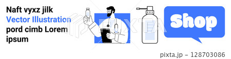 Doctor holding medical equipment, with a bottle and a shop bubble, symbolizing online healthcare consultation and supplies. Ideal for telemedicine, e-commerce, healthcare, pharmacy, medical 128703086