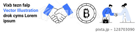 Handshake, Bitcoin symbol, two professionals exchanging documents. Ideal for business partnerships, cryptocurrency, professionalism, collaboration, financial transactions digital currency 128703090