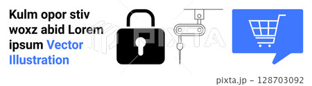 Lock icon, robotic arm, and shopping cart in blue speech bubble. Ideal for e-commerce, online security, automation, online shopping, cybersecurity, digital transactions, retail innovation. Landing 128703092