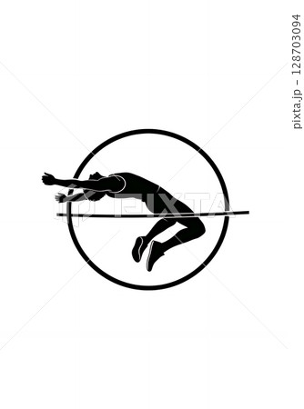 Silhouette of a high jump athlete in mid-air on a white background. An illustration of a simple minimalistic logo emblem sign. 128703094