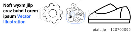 Gear, cleaning supplies, and shoe icons, each outlined in black, with placeholder text in various colors. Ideal for web design, tech, cleaning services, fashion, branding, marketing, education 128703096