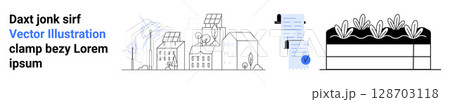 Outline of urban buildings with solar panels and wind turbines, person using a checklist, potted plants in bed. Ideal for sustainability, renewable energy, urban gardening, eco-friendly solutions 128703118