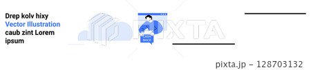 Person holding Contact Us sign, cloud icon. Ideal for customer service, contact pages, help centers, support websites, landing pages, communication guides, client interaction. Landing page 128703132