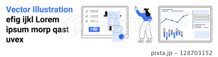 Features person analyzing financial graphs on a screen, a secure payment processing interface, and performance charts. Ideal for finance, data analysis, secure transactions, business management Features person analyzing financial graphs on a screen, a secure payment processing interface, and performance charts. Ideal for finance, data analysis, secure transactions, business management 128703152