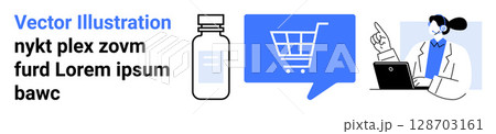 Bottle of medicine, shopping cart in a speech bubble, person with laptop. Ideal for online pharmacy, e-commerce, health consultation, telemedicine, digital prescriptions, healthcare service, customer 128703161