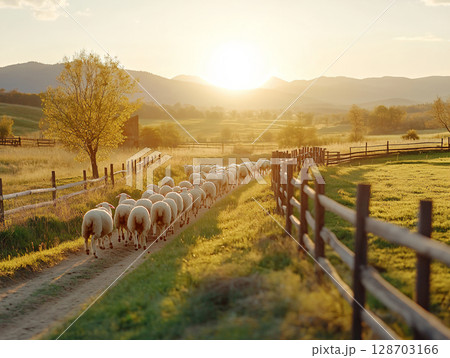 herd of sheep walks freely on a farm on a sunny day. eco farm concept. Concept of nature and environment. AI Generated. 128703166