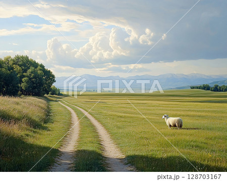 A Single Sheep on a Large Grass Field. eco farm concept. Concept of nature and environment. AI Generated. 128703167