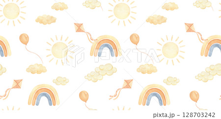 Neutral seamless pattern with abstract rainbow , kite and clouds watercolor illustration for kids and baby nursery print on white background, pastel colors Neutral seamless pattern with abstract rainbow , kite and clouds watercolor illustration for kids and baby nursery print on white background, pastel colors 128703242