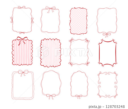 Set of whimsical hand drawn pink color frames with wavy squiggle curly ribbon and romance bow. Perfect for wedding, birthday or bachelorette party invitations 128703248