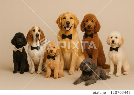 蝶ネクタイをつけた7匹の犬がスタジオで整列しているおしゃれな集合ポートレート 128703442