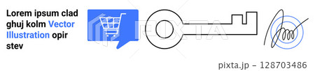 Blue speech bubble with shopping cart, black key silhouette, abstract artwork with scribble spiral, followed by placeholder text. Ideal for e-commerce, security, digital protection, abstract art 128703486