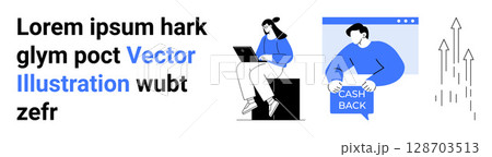 Woman using a laptop, man showcasing Cash Back in popup window, and ascending arrows. Ideal for finance, technology, business growth, ecommerce, online services, digital marketing, and teamwork 128703513