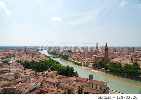 Panoramic View of Verona with River and Historic Architecture, Italy. 128703526