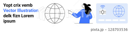 Digital globe, woman pointing at globe, interface elements. Ideal for global connectivity, technology, digital interaction, online education, web design, communication, user interface design. Banner 128703536