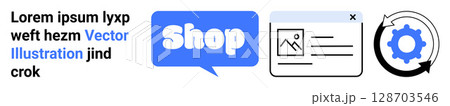 Online shopping platform illustration with a speech bubble labeled Shop, a webpage layout, and a gear representing settings. Ideal for e-commerce, web design, digital marketing, technology, user 128703546