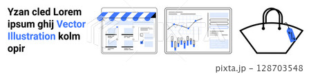 Storefront with awning, analytics dashboard with charts, and handbag represents online shopping and data insights. Ideal for e-commerce, analytics, shopping, business growth, retail, sales, digital 128703548