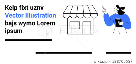 Shop with awning and a person pointing, holding a clipboard. Ideal for marketing, presentations, educational content, business materials, e-commerce sites, startups, landing pages. Landing page 128703557