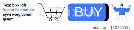 Shopping cart, large blue BUY button, customer figure pointing at button. Ideal for e-commerce, online shopping, marketing, websites, mobile apps, promotions, digital transactions. Landing page Shopping cart, large blue BUY button, customer figure pointing at button. Ideal for e-commerce, online shopping, marketing, websites, mobile apps, promotions, digital transactions. Landing page 128703585
