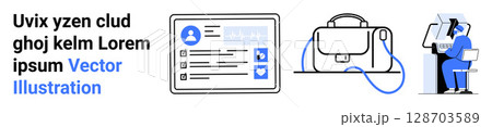 Documents with user profile and ratings, professional briefcase, individual working on a desktop computer. Ideal for business, corporate, job search, HR, productivity, remote work, modern office 128703589