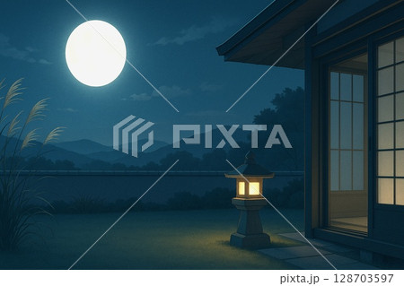満月と団子とうさぎの秋 お月見イラスト素材　月と庭 128703597
