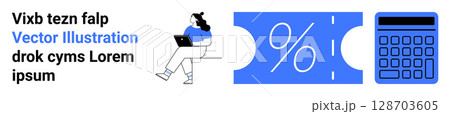 Woman with a laptop, a blue percentage discount ticket, and a calculator. Ideal for e-commerce, online shopping, digital marketing, finance, discounts, technology, and data analysis. Landing page 128703605