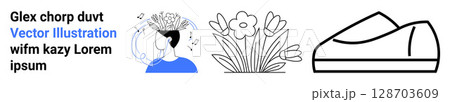 Profile of a person with flowers and abstract shapes, bouquet of flowers, minimalistic shoe. Ideal for mental wellness, nature, minimalism, casual wear, graphic design, creativity, advertising 128703609