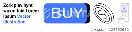 Buy button in blue rectangular shape. Coin with dollar symbol and POS machine. Ideal for e-commerce, digital payments, shopping, online transactions, business promotions, website design. Landing page Buy button in blue rectangular shape. Coin with dollar symbol and POS machine. Ideal for e-commerce, digital payments, shopping, online transactions, business promotions, website design. Landing page 128703636