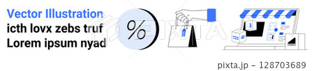Hand holding shopping bag with tag, discount percentage symbol, online store with striped awning. Ideal for e-commerce, retail marketing, sales promotion, shopping events, online business, digital Hand holding shopping bag with tag, discount percentage symbol, online store with striped awning. Ideal for e-commerce, retail marketing, sales promotion, shopping events, online business, digital 128703689