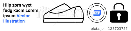 Shoe outline, buy button with text, and padlock icon. Ideal for online shopping, e-commerce, cybersecurity, retail, footwear, digital payments, user interface. Landing page 128703725