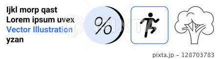 Three distinct icons percentage symbol in circle, running figure in box, tree outline. Ideal for infographics, presentations, web design, educational content, marketing materials, fitness apps Three distinct icons percentage symbol in circle, running figure in box, tree outline. Ideal for infographics, presentations, web design, educational content, marketing materials, fitness apps 128703783