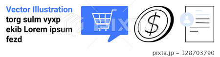 Shopping cart icon in blue, dollar coin, user profile, and document outline elements in black. Ideal for online shopping, e-commerce, transactions, user profiles, documentation, business operations Shopping cart icon in blue, dollar coin, user profile, and document outline elements in black. Ideal for online shopping, e-commerce, transactions, user profiles, documentation, business operations 128703790