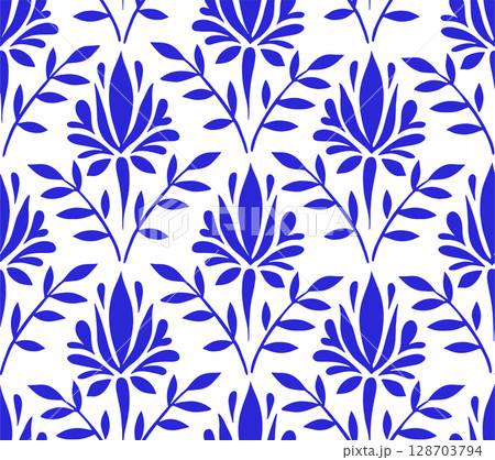 Vector seamless pattern, damask tiles. Blue vintage ornament. 128703794