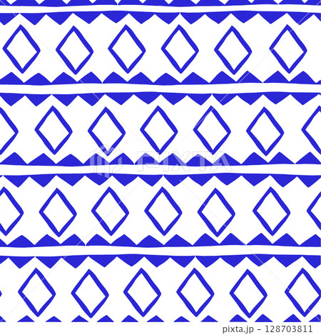 Vector seamless pattern with triangles and stripes. Blue abstract design. 128703811