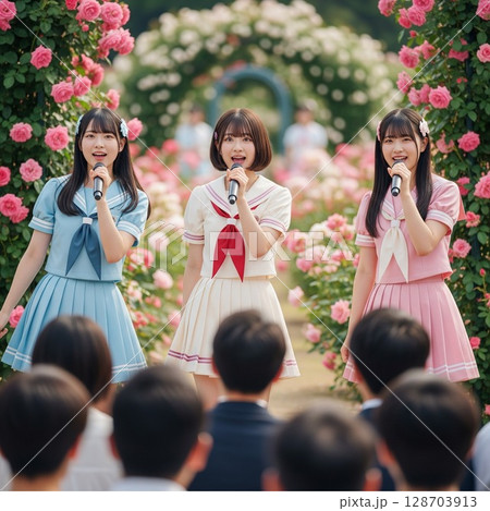 バラ咲く庭園で歌うアイドル、制服風衣装の感動ライブ セーラー服の3人組アイドル 128703913