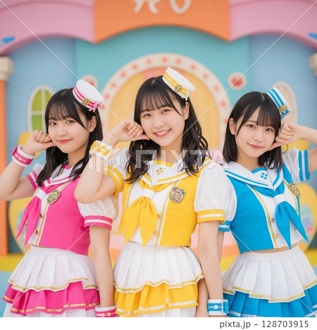 バラ咲く庭園で歌うアイドル、制服風衣装の感動ライブ セーラー服の3人組アイドル 128703915