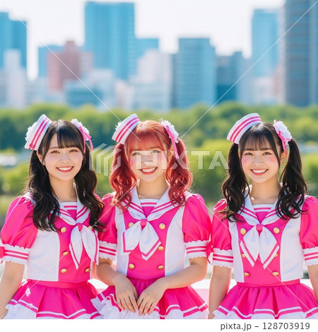 バラ咲く庭園で歌うアイドル、制服風衣装の感動ライブ セーラー服の3人組アイドル 128703919