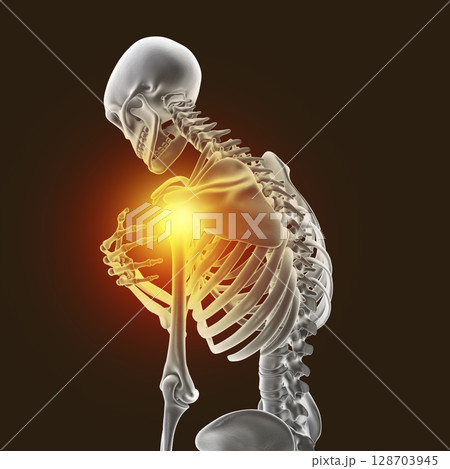 Human skeleton with shoulder pain Human skeleton with shoulder pain 128703945
