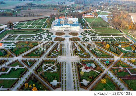Aerial view on baroque garden of Rundale palace in autumn time. Symmetrical park in vibrant colors 128704035
