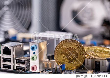closeup of gold bitcoin on computer components background, technology and digital currency concept closeup of gold bitcoin on computer components background, technology and digital currency concept 128704111