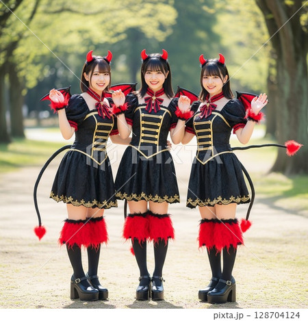 大人っぽい小悪魔の少女 デビルコスチュームの女性たち、森の公園でパフォーマンスをするアイドル 128704124